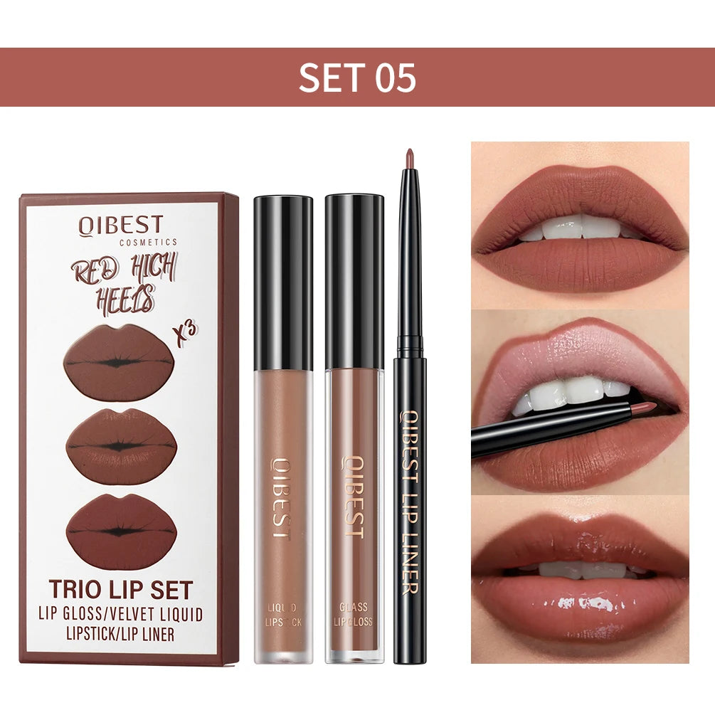 3-Piece Waterproof Matte Lipstick and Lip Liner Set - 34