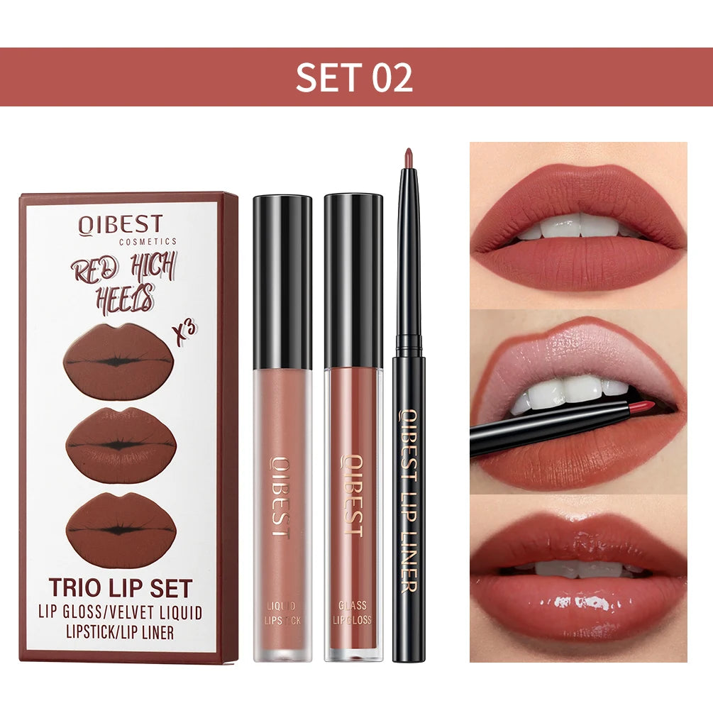 3-Piece Waterproof Matte Lipstick and Lip Liner Set - 28