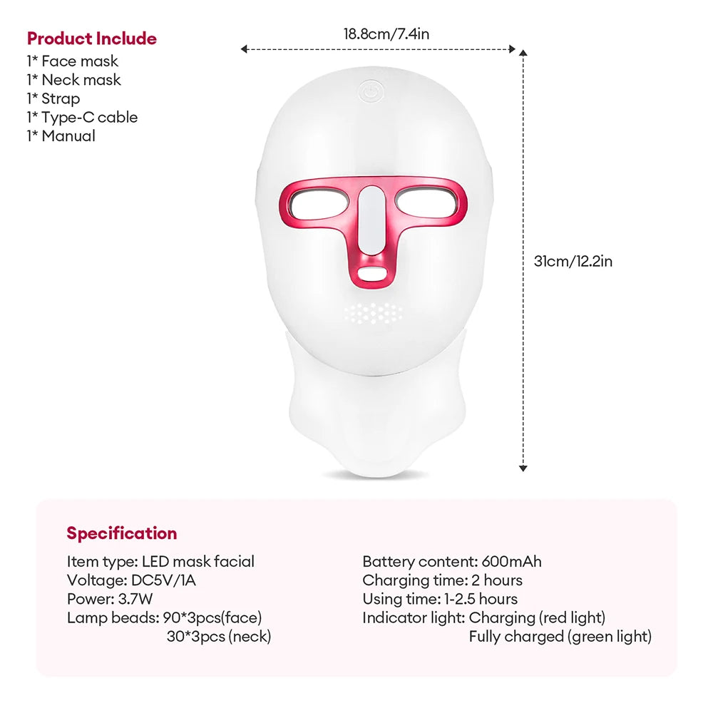 7-Color LED Light Therapy Facial and Neck Mask - 19