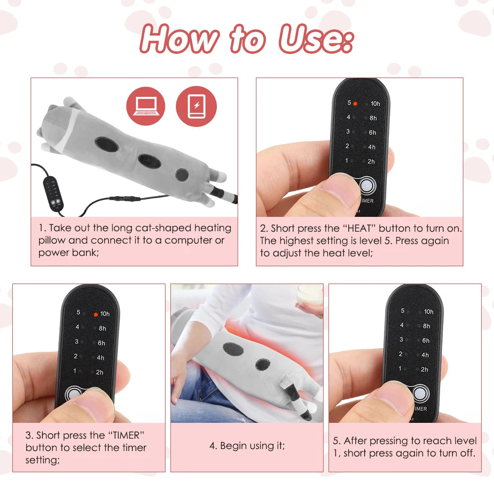 USB Heated Cat Plush Pillow for Period Cramp Relief - 7