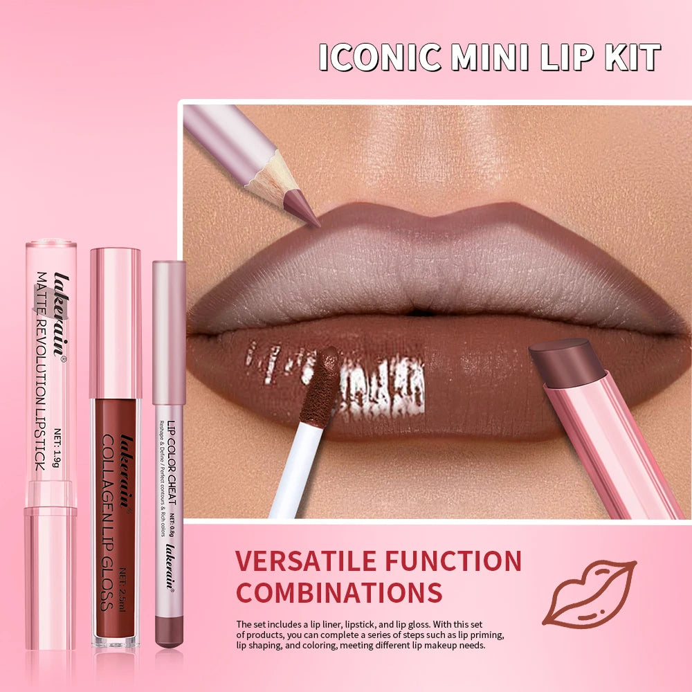 3-in-1 Waterproof Lip Liner, Lipstick & Gloss Travel Set - 4