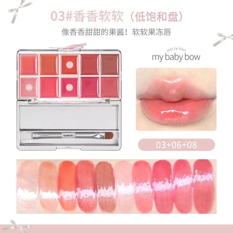 10-Color Jelly Lip Gloss Palette with Bow Design - 65